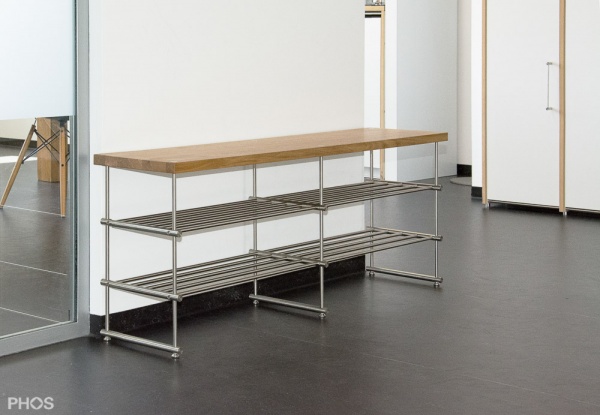 Phos Edelstahl Schuhregal GSB1400-2 mit Sitzfläche Eiche
