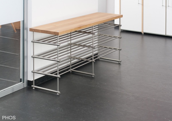 Phos Edelstahl Schuhregal GSB1400-3 mit Sitzfläche Eiche