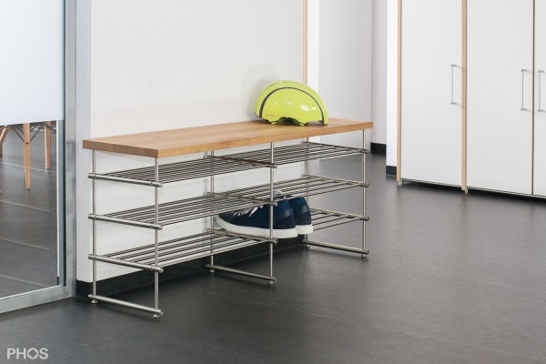 Phos Edelstahl Schuhregal GSB1400-3 mit Sitzfläche Eiche