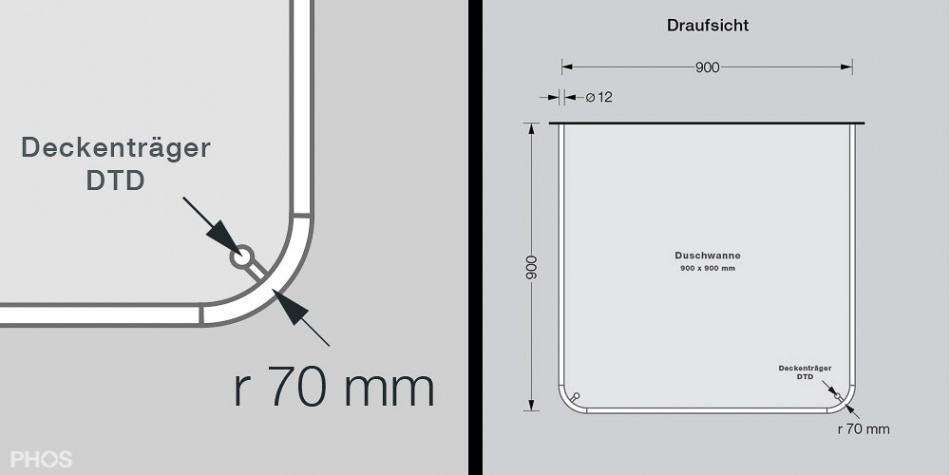 Phos Edelstahl Duschvorhangstange U-Form DSU900-900 Radius 70 mm