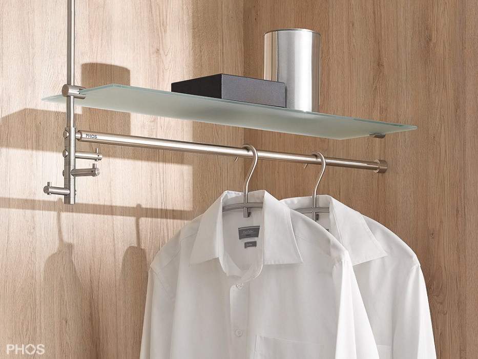 Phos Edelstahl Decken-Hängegarderobe T3L mit Glasablage