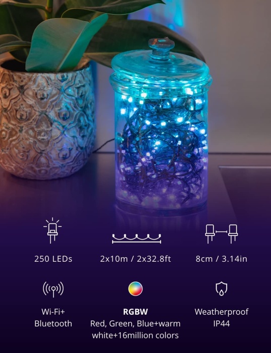 Twinkly Strings – App-gesteuerte LED-Lichterkette mit 250 LED RGB+W transparentes Kabel